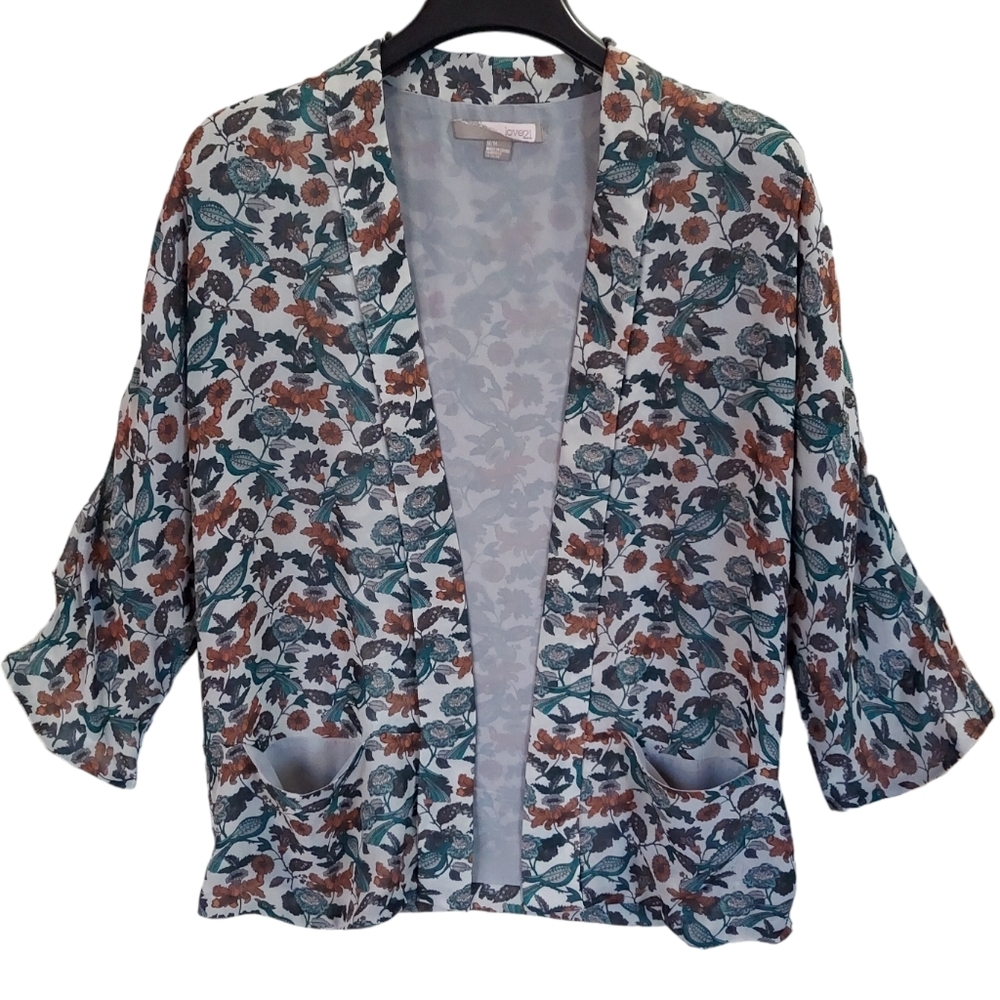 Womens Kimono Jacket Cardigan Medium Green Floral Blazer Light Chiffon Polyester - Picture 16 of 16